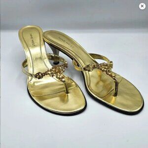 Nine West Gold Heeled Thong Sandals with Jewel Embellishments | Size 11 | EUC